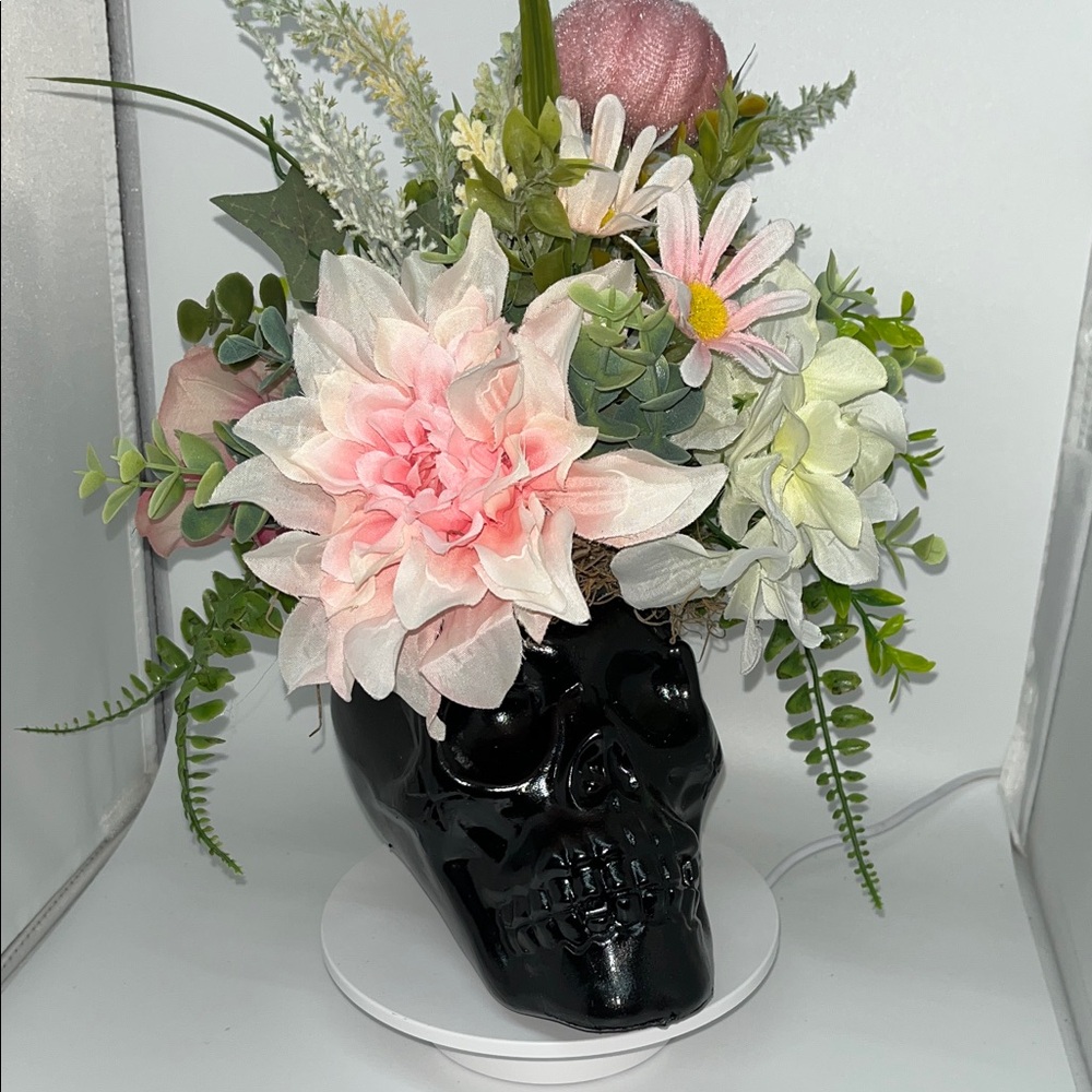 Floral Skull Vase with Pink and White Flowers - Custom - Hand Made
